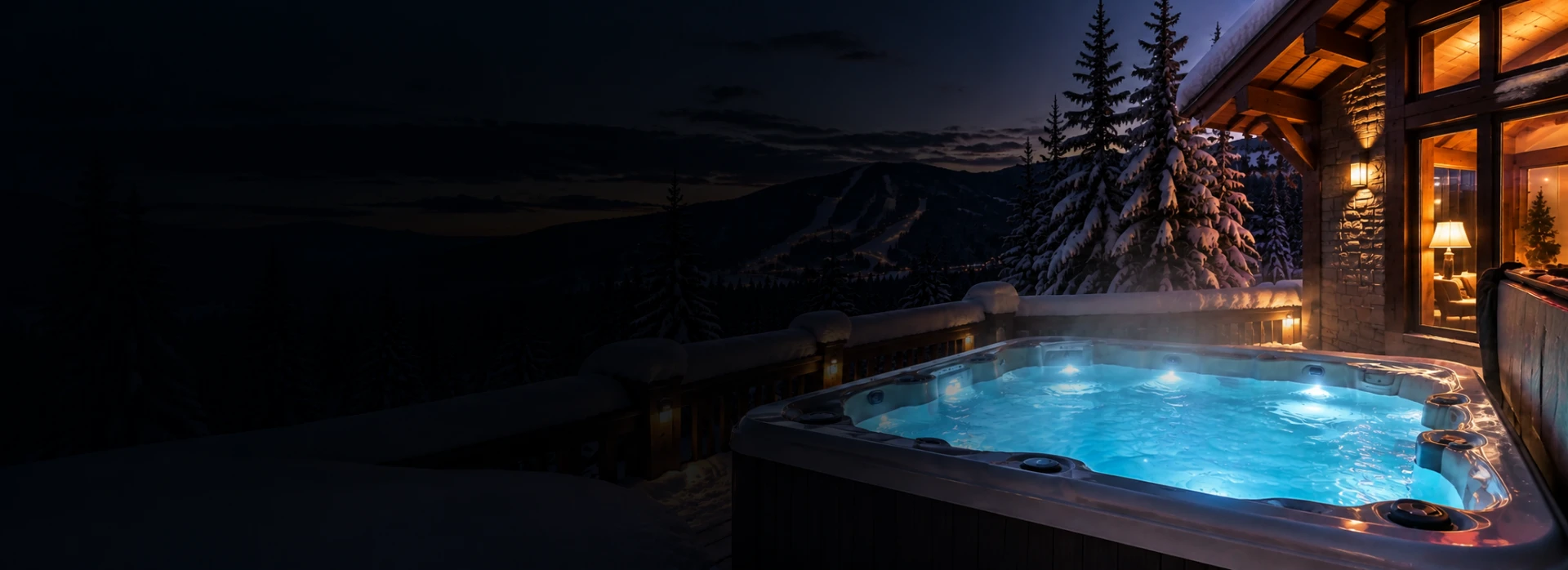 Steaming hot tub on a snowy chalet deck at dusk, ski hill lights in the distance